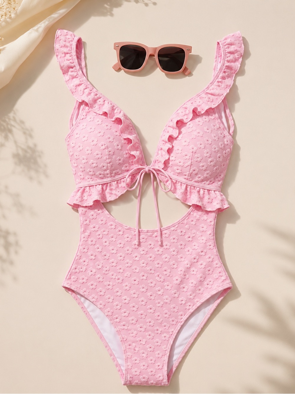 SHEIN Pink Floral Ruffle Kids One-Piece Swimsuit